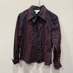 D & Y Button Up Top Womens Size XL Black Red Cotton Long Sleeve